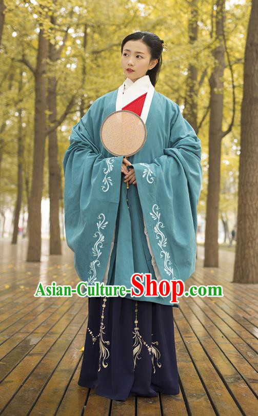 Traditional Chinese Ancient Costumes, Asian China Ming Dynasty Palace Lady Princess Clothing Embroidery Green Wide Sleeve Cardigan