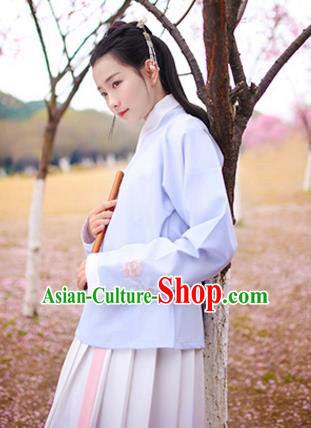 Traditional Chinese Ancient Hanfu Costumes, Asian China Ming Dynasty Young Lady Embroidery Light Blue Blouse for Women