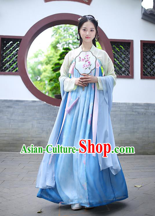 Ancient Chinese Palace Princess Costume, Traditional China Tang Dynasty Empress Clothing Blouse and Blue Skirt Complete Set for Women