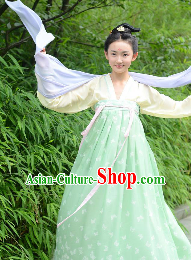 Ancient Chinese Palace Princess Costume, Traditional China Tang Dynasty Young Lady Clothing Yellow Blouse and Green Skirt Complete Set