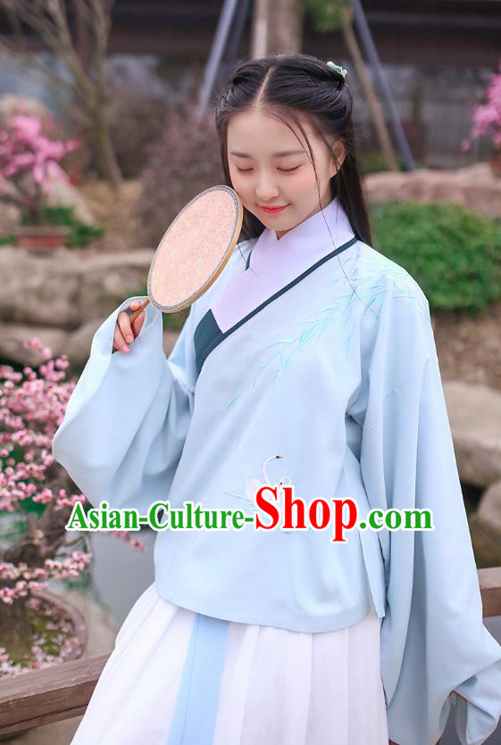 Ancient Chinese Palace Princess Hanfu Costume, Traditional China Ming Dynasty Young Lady Blue Embroidery Blouse and Skirt Complete Set