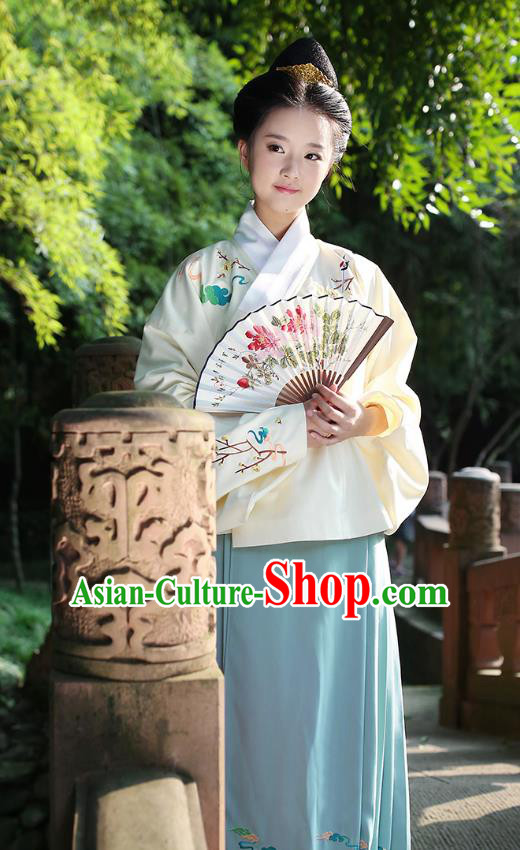 Ancient Chinese Palace Princess Hanfu Costume, Traditional China Ming Dynasty Palace Lady Yellow Embroidery Crane Blouse and Green Skirt Complete Set