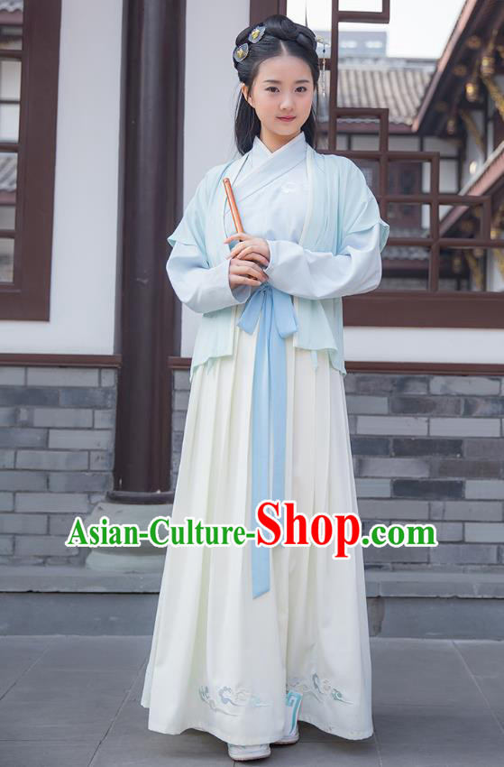 Ancient Chinese Palace Princess Hanfu Costume, Traditional China Ming Dynasty Young Lady Embroidery Blue Half-arm Shawl Clothing