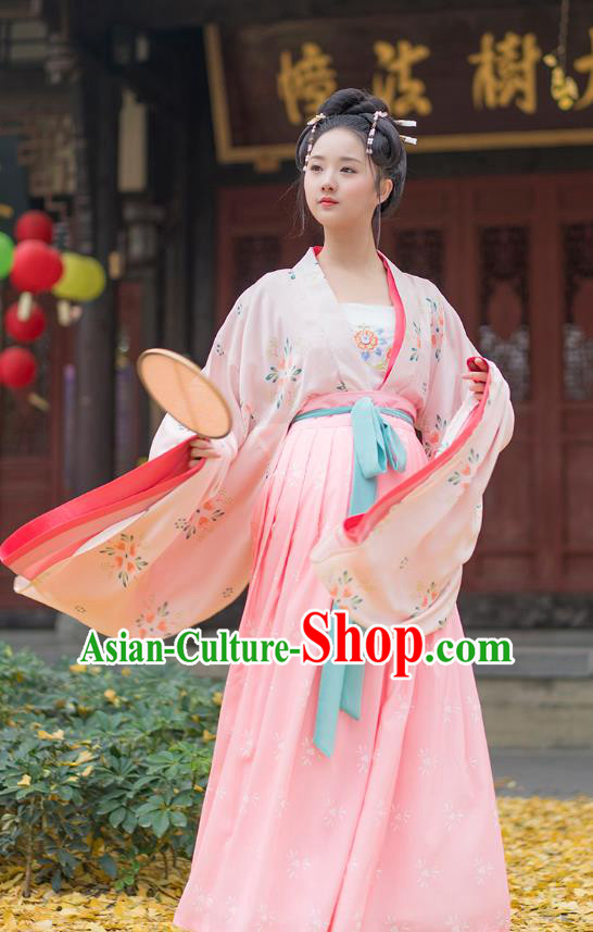 Traditional Chinese Ancient Hanfu Costumes, Asian China Tang Dynasty Palace Lady Princess Clothing Embroidery Blouse and Pink Skirt Complete Set