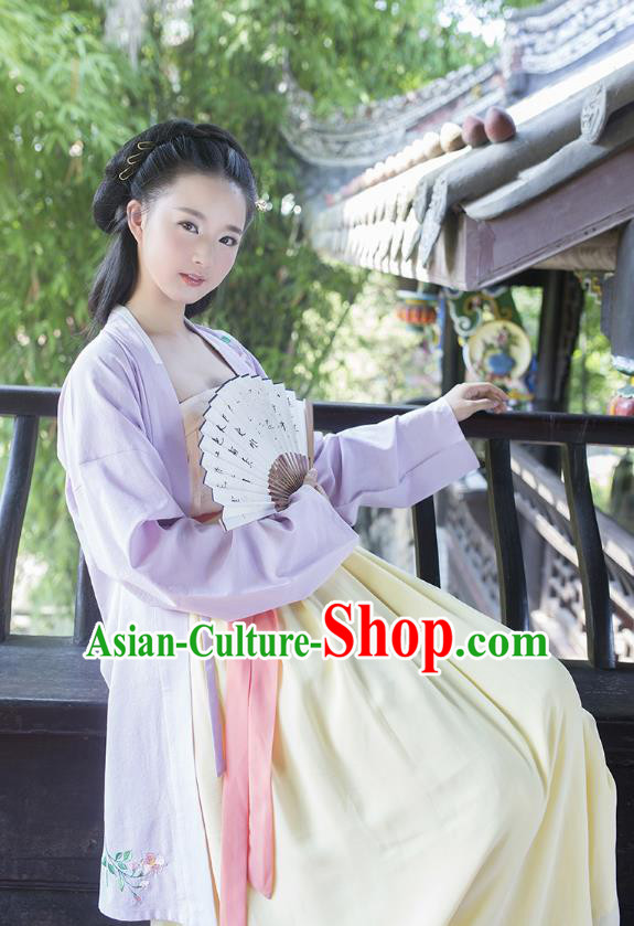 Ancient Chinese Palace Princess Hanfu Costume, Traditional China Ming Dynasty Young Lady Embroidery Blue Cardigan and Dress Clothing