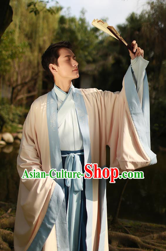 Ancient Chinese Scholar Hanfu Costume, Traditional China Jin Dynasty Embroidery Clothing Beige Long Cloak for Men