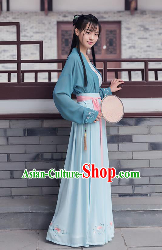 Ancient Chinese Royal Princess Hanfu Costume, Traditional China Song Dynasty Palace Lady Embroidery Blue Blouse and Skirt Complete Set