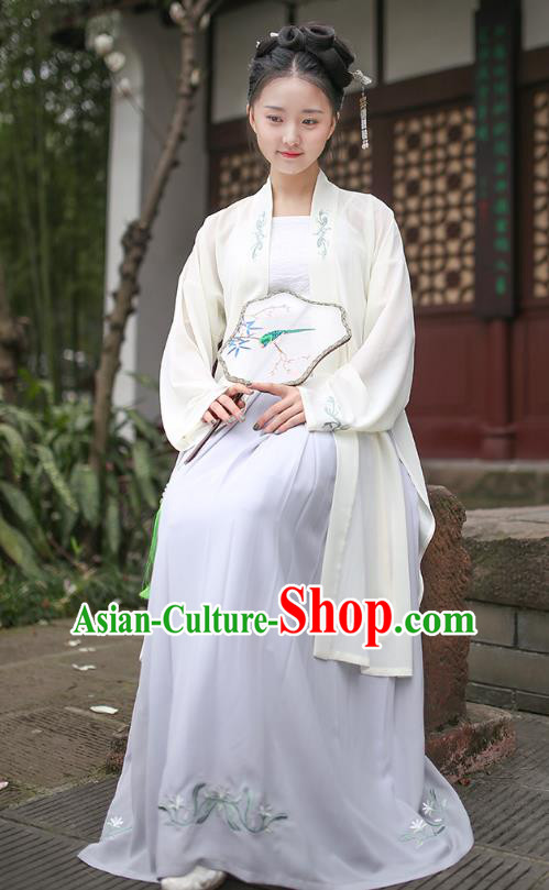 Ancient Chinese Royal Princess Hanfu Costume, Traditional China Song Dynasty Palace Lady Embroidery Beige BeiZi and Dress for Women