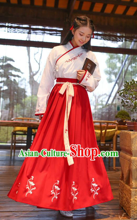 Ancient Chinese Royal Princess Hanfu Costume, Traditional China Han Dynasty Palace Lady Embroidery Blouse and Red Dress for Women