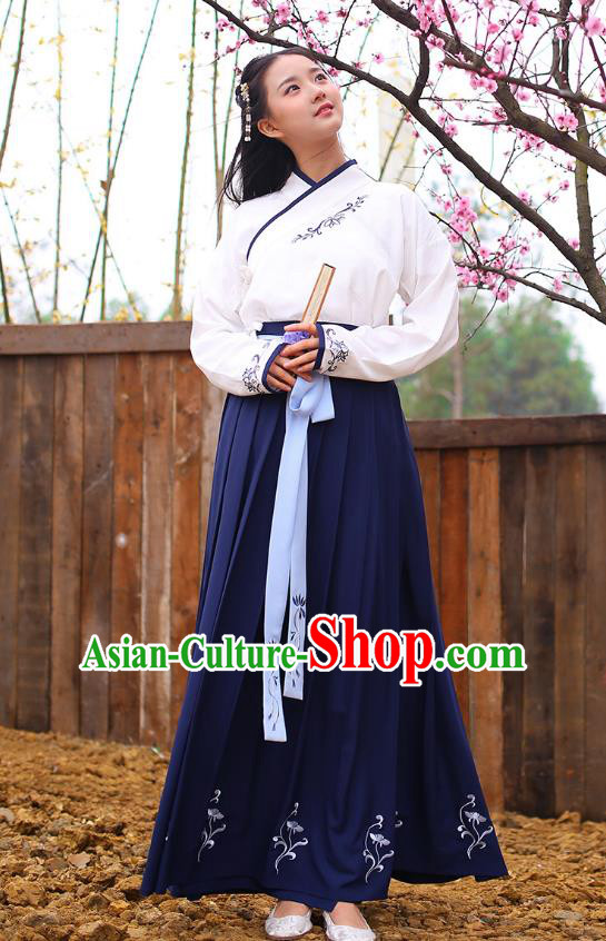 Ancient Chinese Royal Princess Hanfu Costume, Traditional China Han Dynasty Palace Lady Embroidery Blouse and Blue Dress for Women