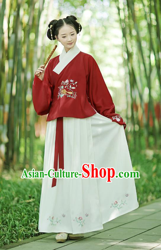 Traditional Chinese Ancient Young Lady Hanfu Costumes, Asian China Ming Dynasty Palace Princess Embroidery Red Blouse and Skirt for Women