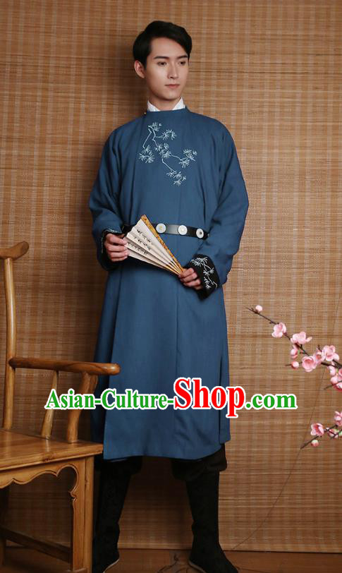 Traditional Chinese Ancient Hanfu Costumes, Asian China Ming Dynasty Imperial Guards Embroidery Blue Long Robe for Men