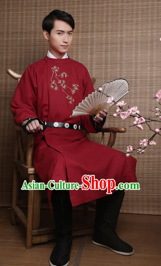 Traditional Chinese Ancient Hanfu Costumes, Asian China Ming Dynasty Imperial Guards Embroidery Red Long Robe for Men