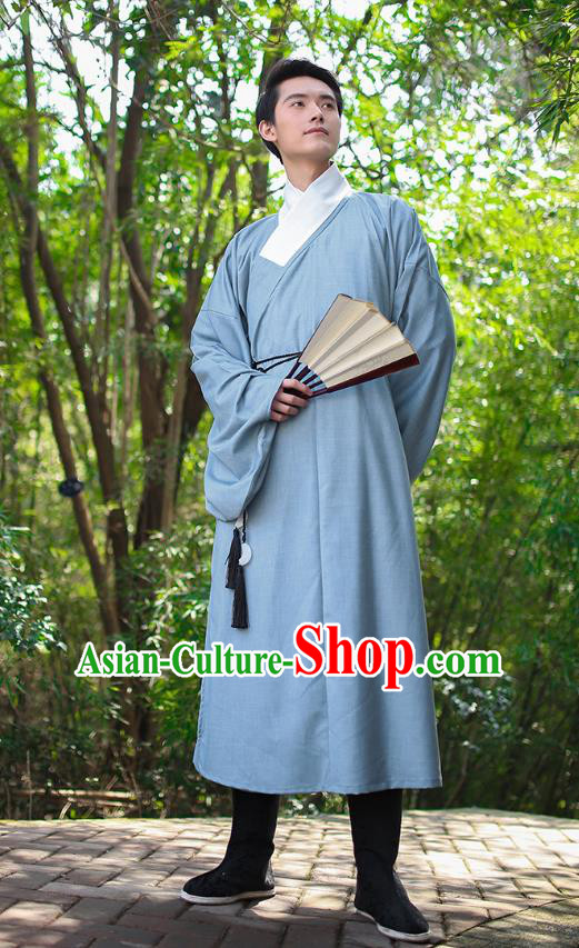 Traditional Chinese Ancient Hanfu Costume, Asian China Han Dynasty Swordsman Blue Long Robe for Men