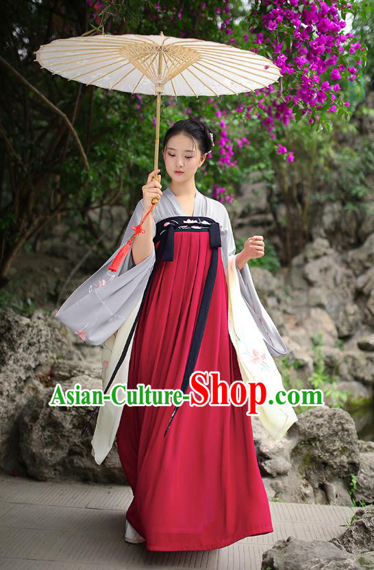 Traditional Chinese Ancient Hanfu Imperial Princess Costume, Asian China Tang Dynasty Palace Lady Embroidery Red Slip Dress for Women