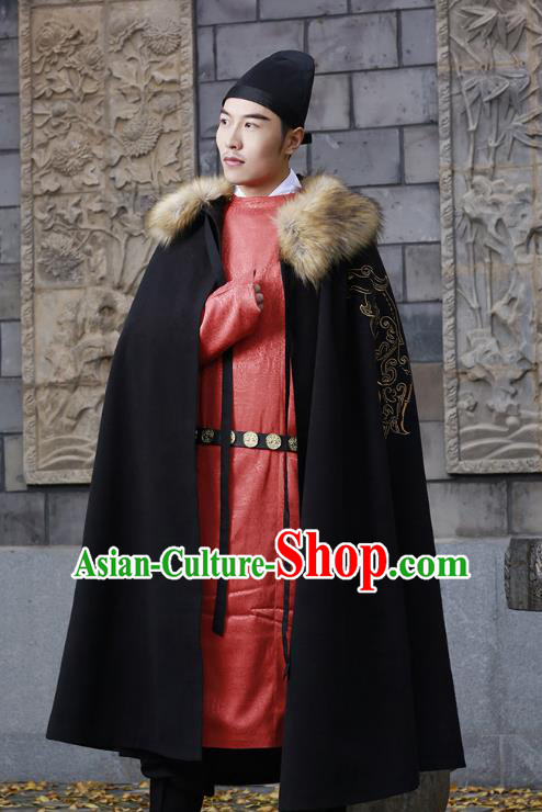 Traditional Chinese Ancient Hanfu Swordsman Cape Costume, Asian China Han Dynasty Embroidery Cloak Black Mantle Clothing for Men