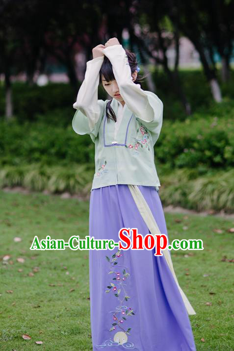 Traditional Chinese Ancient Hanfu Princess Costume, Asian China Song Dynasty Young Lady Embroidery Green Half-Sleeves and Slip Dress for Women