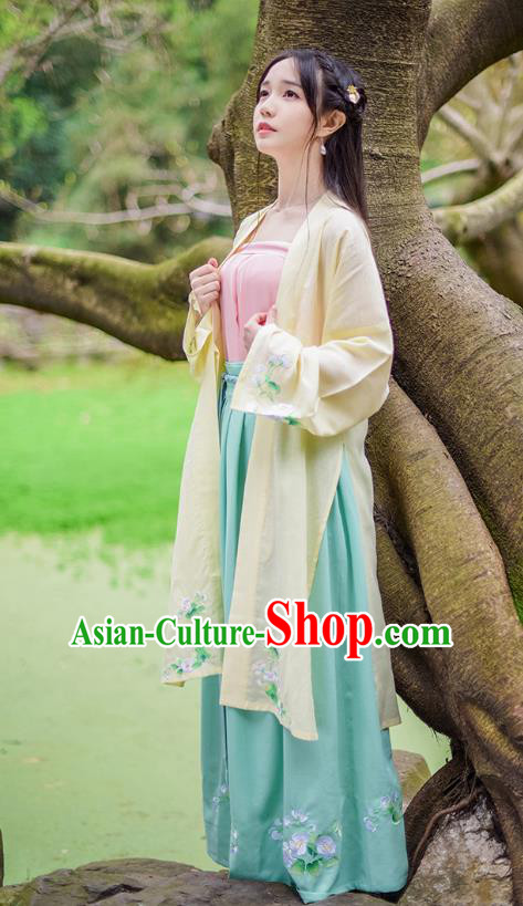 Traditional Chinese Ancient Hanfu Princess Costume, Asian China Song Dynasty Young Lady Embroidery Long BeiZi Yellow Cardigan for Women