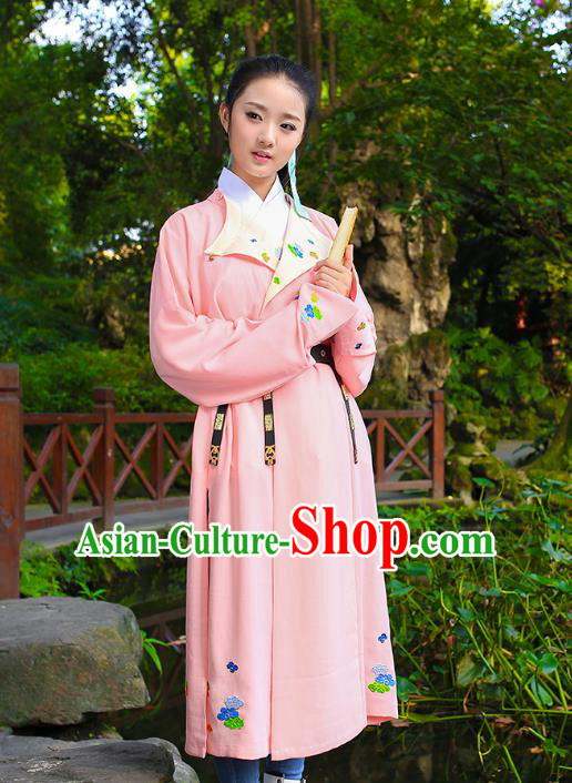 Traditional Chinese Ancient Hanfu Swordswoman Costume, Asian China Ming Dynasty Young Lady Embroidered Pink Long Robe for Women