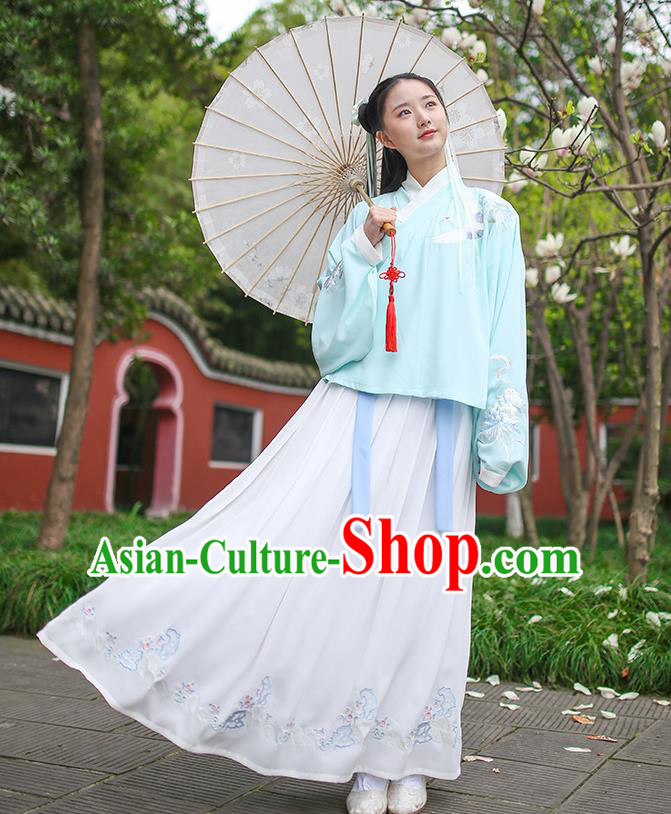 Traditional Chinese Ancient Princess Hanfu Costumes, Asian China Ming Dynasty Palace Lady Embroidery Green Blouse and Skirts for Women