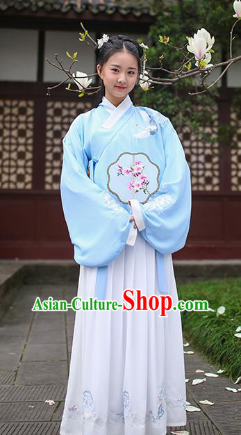 Traditional Chinese Ancient Princess Hanfu Costumes, Asian China Ming Dynasty Palace Lady Embroidery Blue Blouse and Skirts for Women