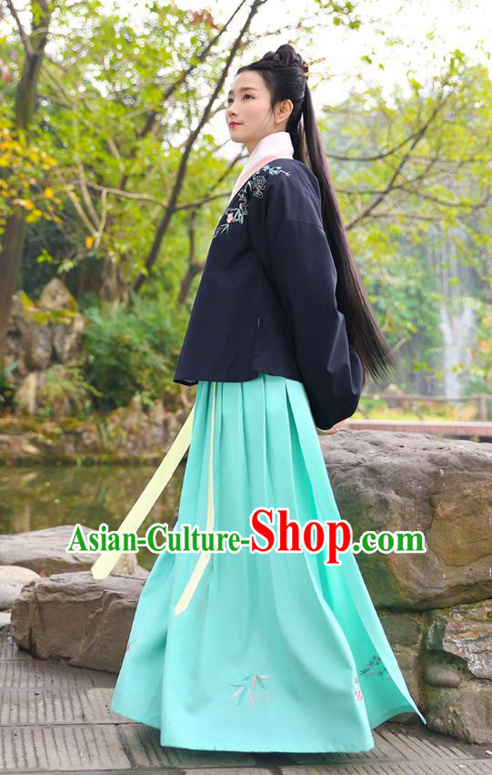 Traditional Chinese Ancient Princess Hanfu Costumes, Asian China Ming Dynasty Palace Lady Embroidery Blouse and Green Slip Skirts for Women