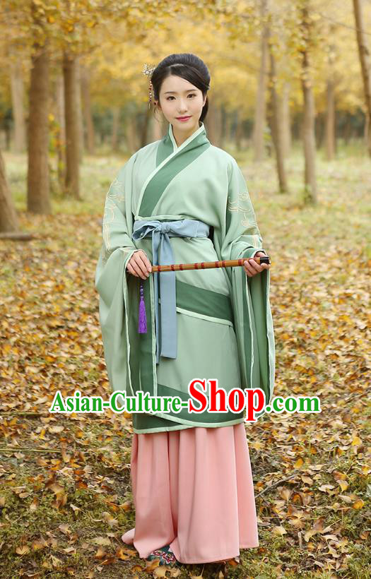 Traditional Chinese Ancient Young Lady Hanfu Costumes Green Curve Bottom, Asian China Han Dynasty Palace Princess Embroidery Clothing for Women