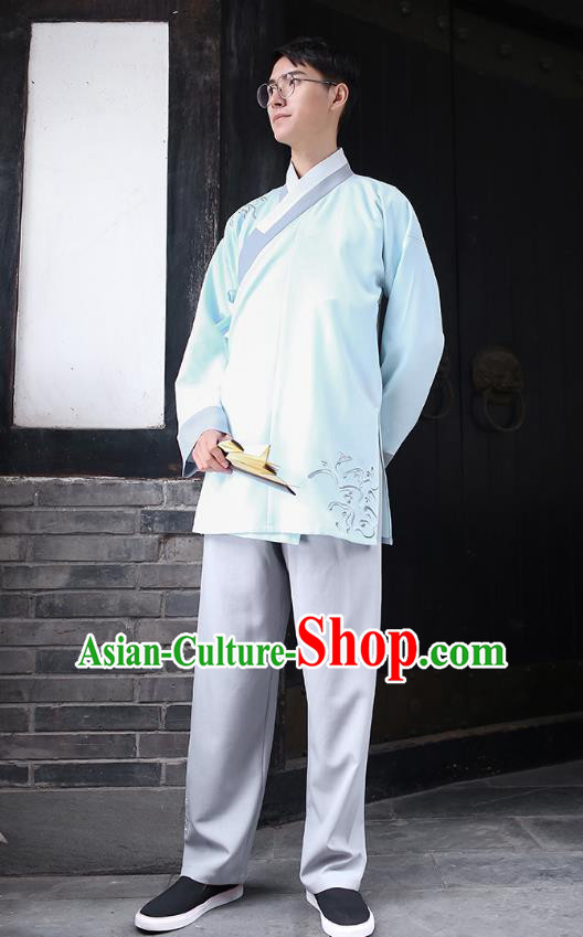 Traditional Chinese Ancient Hanfu Costumes, Asian China Embroidery Blue Blouse and Pants for Men