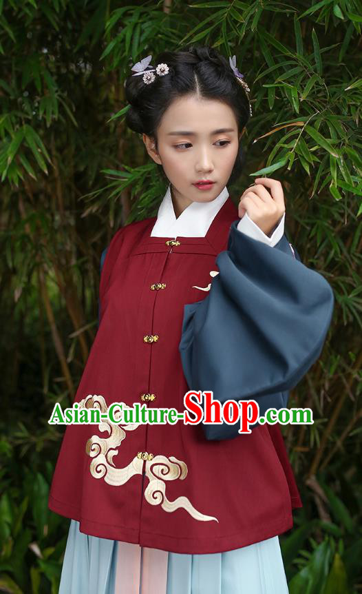 Traditional Chinese Ancient Hanfu Young Lady Costumes, Asian China Song Dynasty Embroidery Red Vest for Women