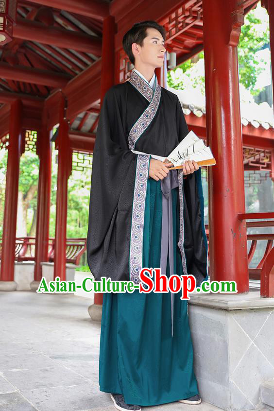 Traditional Chinese Ancient Hanfu Young Men Black Costumes, Asian China Han Dynasty Embroidery Wedding Clothing for Men