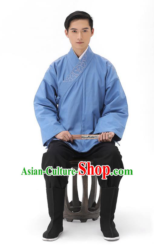 Traditional Chinese Ancient Hanfu Costumes, Asian China Han Dynasty Embroidered Blue Shirt Upper Outer Garment for Men