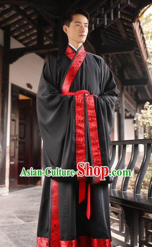 Traditional Chinese Ancient Minister Hanfu Wedding Costumes, Asian China Han Dynasty Groom Embroidered Black Clothing for Men