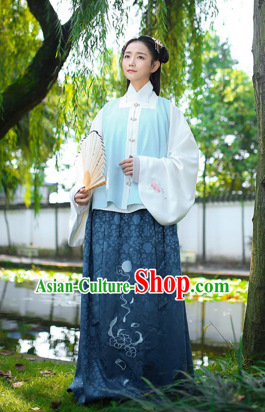 Traditional Chinese Ancient Royal Princess Hanfu Costume, Asian China Ming Dynasty Palace Lady Embroidered Blue Vest Blouse and Skirts for Women