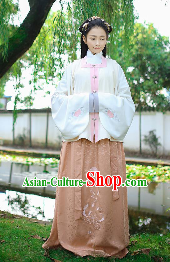 Traditional Chinese Ancient Royal Princess Hanfu Costume, Asian China Ming Dynasty Palace Lady Embroidered White Vest Blouse and Skirts for Women