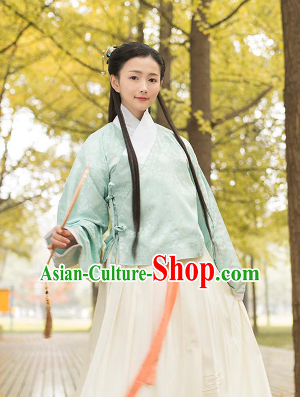 Traditional Chinese Ancient Young Lady Hanfu Costume, Asian China Ming Dynasty Princess Slant Opening Embroidered Green Blouse for Women