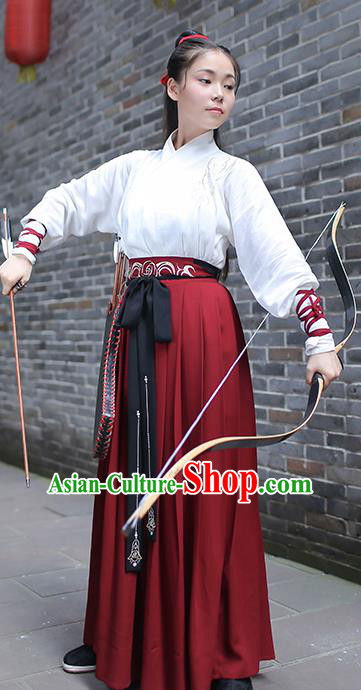 Traditional Chinese Ancient Swordswoman Hanfu Costume, Asian China Han Dynasty Embroidered Blouse and Skirts for Women