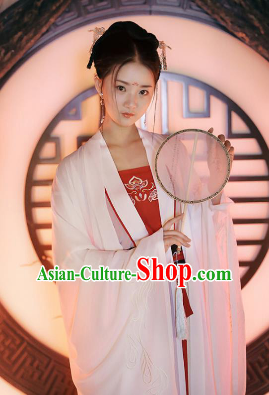 Traditional Chinese Ancient Royal Princess Hanfu Costume, Asian China Tang Dynasty Palace Lady Embroidered Wide Sleeve White Cloak for Women
