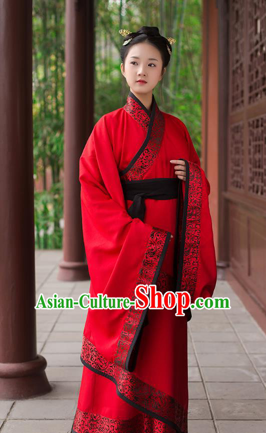 Traditional Chinese Ancient Royal Princess Hanfu Wedding Costume, Asian China Han Dynasty Palace Lady Embroidered Red Curve Bottom Dress