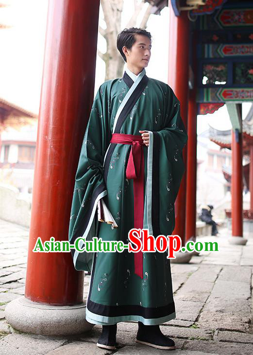 Traditional Chinese Ancient Hanfu Swordsman Costume, Asian China Han Dynasty Imperial Bodyguard Embroidered Green Long Robe for Men
