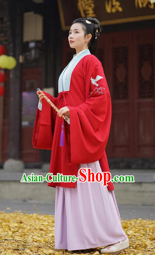 Traditional Chinese Ancient Hanfu Princess Costume, Asian China Han Dynasty Palace Lady Embroidered Crane Red Cloak for Women