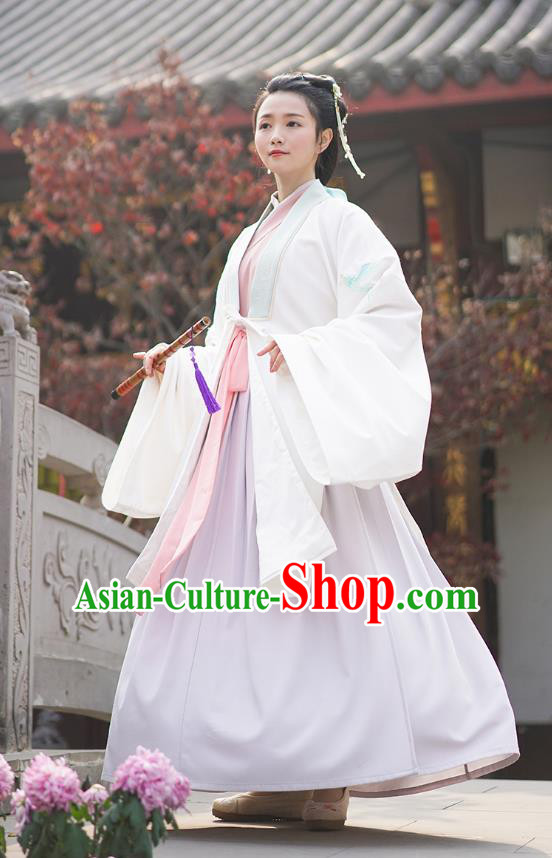 Traditional Chinese Ancient Hanfu Princess Costume, Asian China Han Dynasty Palace Lady Embroidered Crane White Cloak for Women