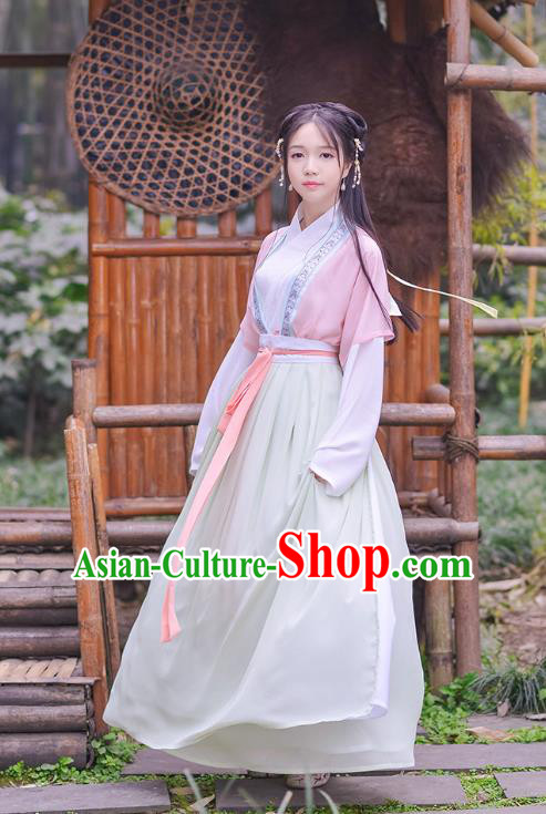 Traditional Chinese Ancient Hanfu Princess Costume, Asian China Song Dynasty Palace Lady Embroidered Pink Blouse and Slip Skirt for Women