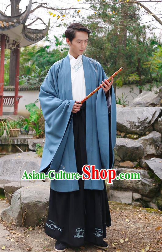Traditional Chinese Ancient Hanfu Swordsman Costume, Asian China Han Dynasty Imperial Bodyguard Embroidered Blue Cloak for Men