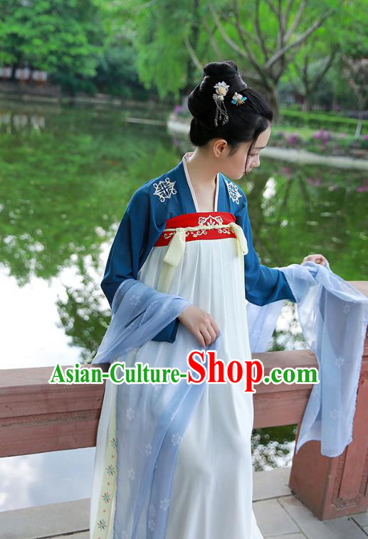 Traditional Chinese Ancient Hanfu Princess Costume, Asian China Tang Dynasty Palace Lady Embroidered Blouse and White Slip Skirts for Women