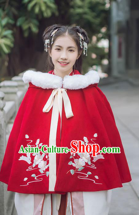 Traditional Chinese Ancient Hanfu Princess Costume Red Cloak, Asian China Han Dynasty Palace Lady Embroidered Mantle for Women