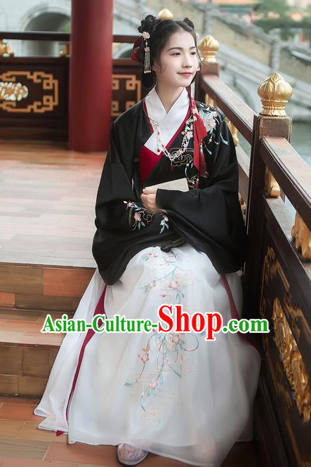 Traditional Chinese Ancient Hanfu Costume Palace Lady Clothing, Asian China Ming Dynasty Embroidered Black Blouse and Skirts for Women