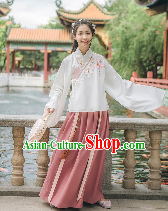 Traditional Chinese Ancient Hanfu Costume Palace Lady Clothing, Asian China Ming Dynasty Embroidered White Blouse and Pink Skirts for Women