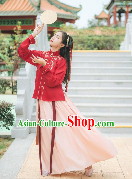 Traditional Chinese Ancient Hanfu Costume Palace Lady Clothing, Asian China Ming Dynasty Embroidered Red Blouse and White Skirts for Women