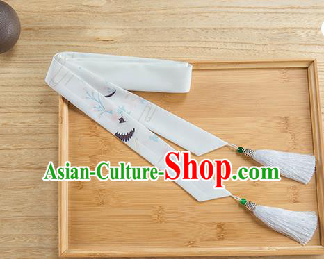 Traditional Chinese Ancient Hanfu Hair Accessories, Asian China Han Dynasty Princess Hair Clasp Printing Crane Silk Tassel Headband