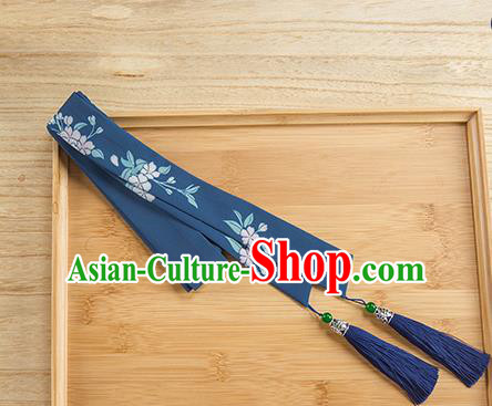 Traditional Chinese Ancient Hanfu Hair Accessories, Asian China Han Dynasty Princess Hair Clasp Printing Blue Tassel Silk Headband